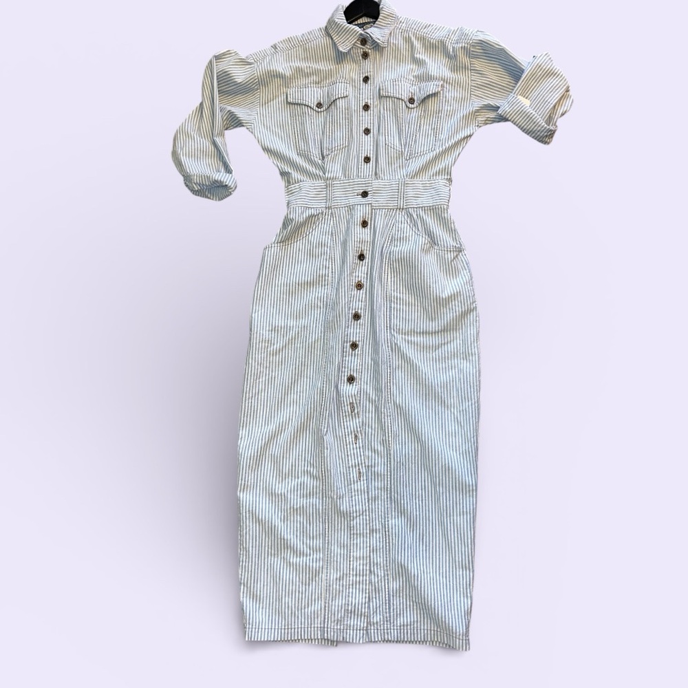 Karen Alexander vintage blue and white striped midi shirtwaist dress size 8